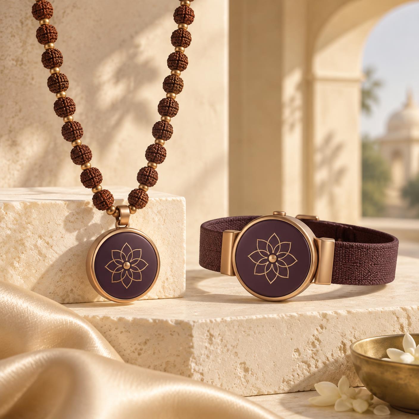 svaraa mala pendant and wristband on carved sandstone